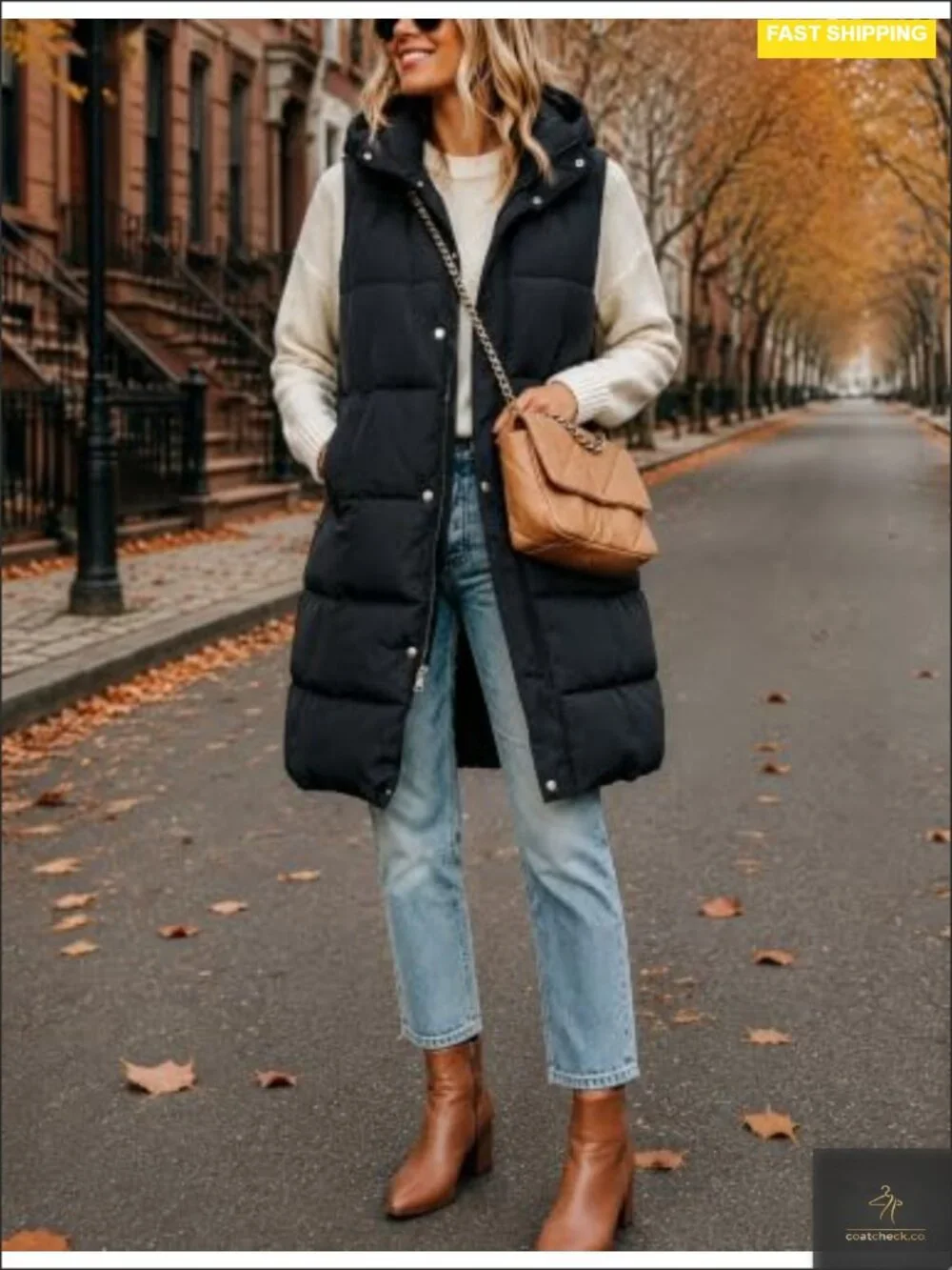 Women's Long Padded Vest Full Zip Removable Hood